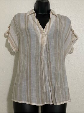 mine White and Tan Striped Shirt Button Back Detail